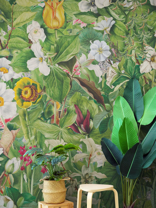 Botanical Vegetation Garden Wall Mural. Color Pencil Artwork of Flower Garden Peel and Stick Wallpaper. Rainforest Jungle Botanical Flowers and Leafs Background. #6449