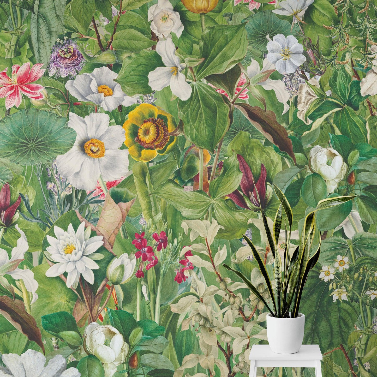 Botanical Vegetation Garden Wall Mural. Color Pencil Artwork of Flower Garden Peel and Stick Wallpaper. Rainforest Jungle Botanical Flowers and Leafs Background. #6449