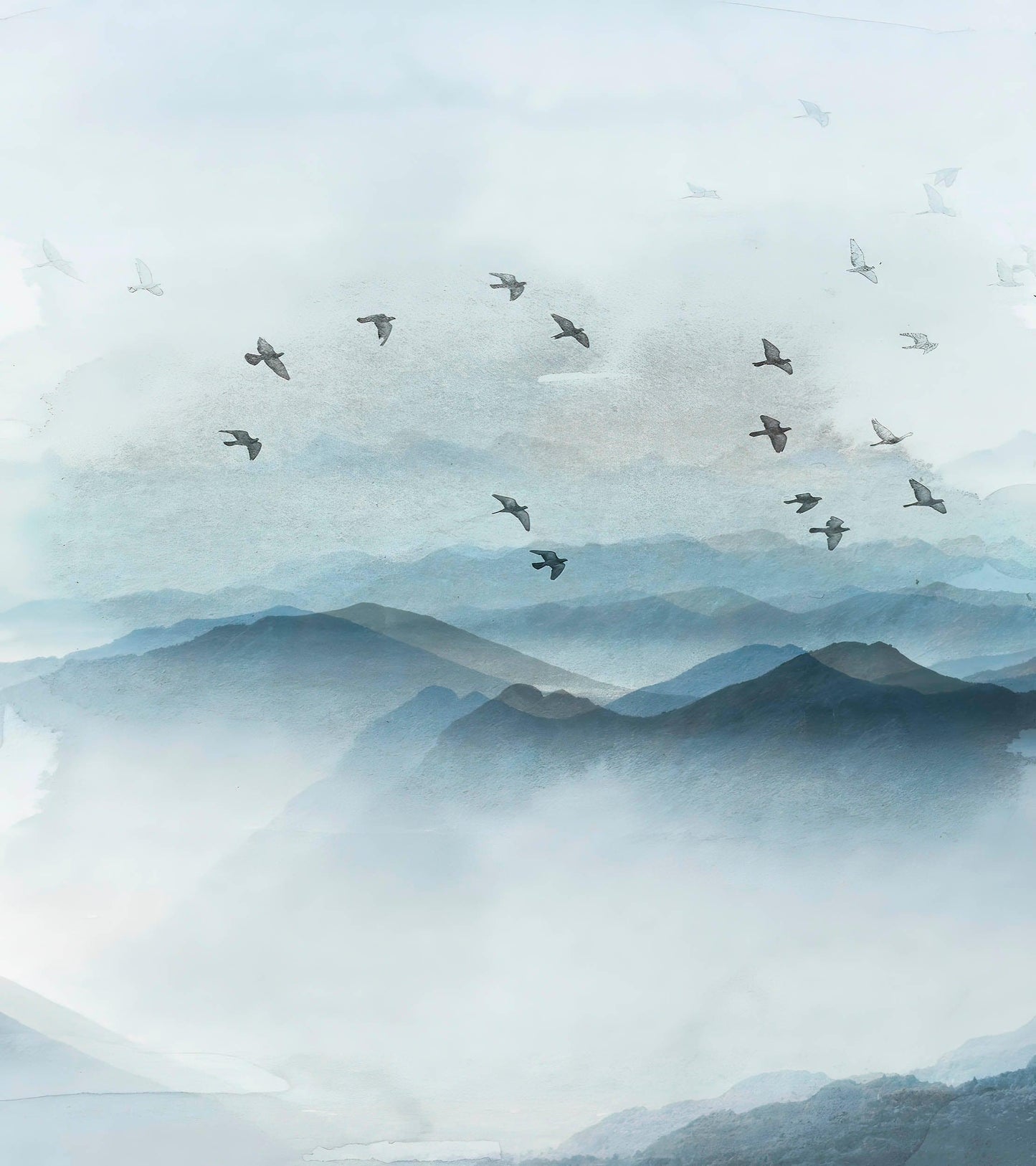 Birds Migrating Over Mountain Wall Mural. Asian Theme Peel and Stick Wallpaper. #6467