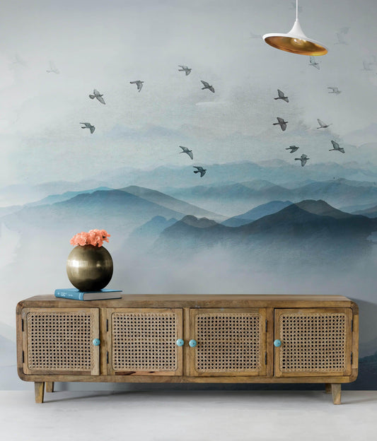 Birds Migrating Over Mountain Wall Mural. Asian Theme Peel and Stick Wallpaper. #6467