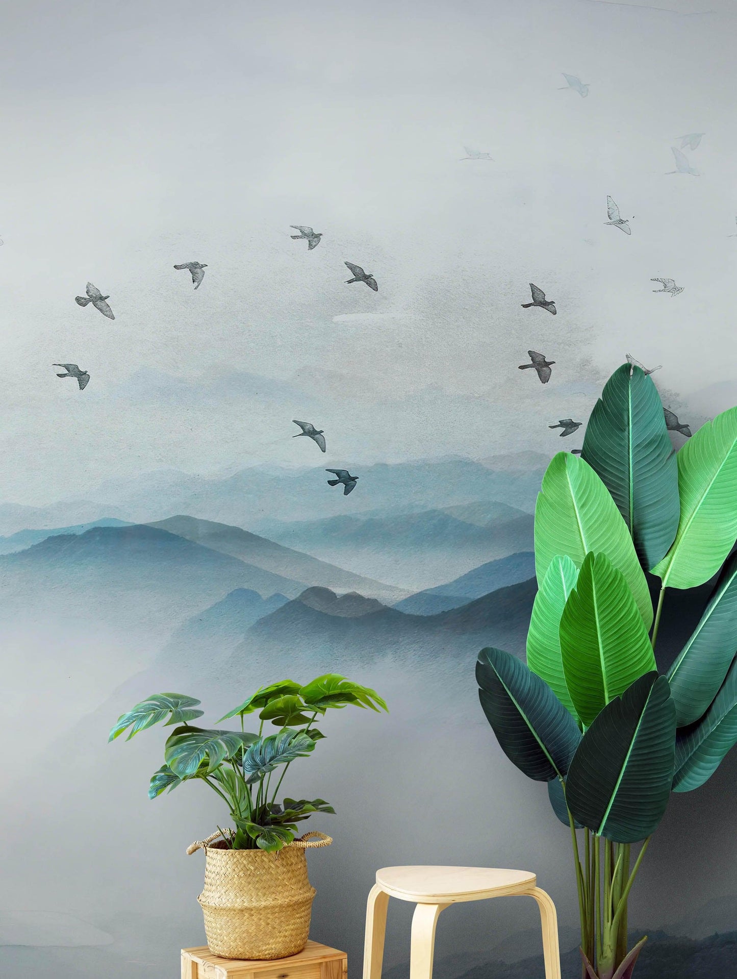 Birds Migrating Over Mountain Wall Mural. Asian Theme Peel and Stick Wallpaper. #6467