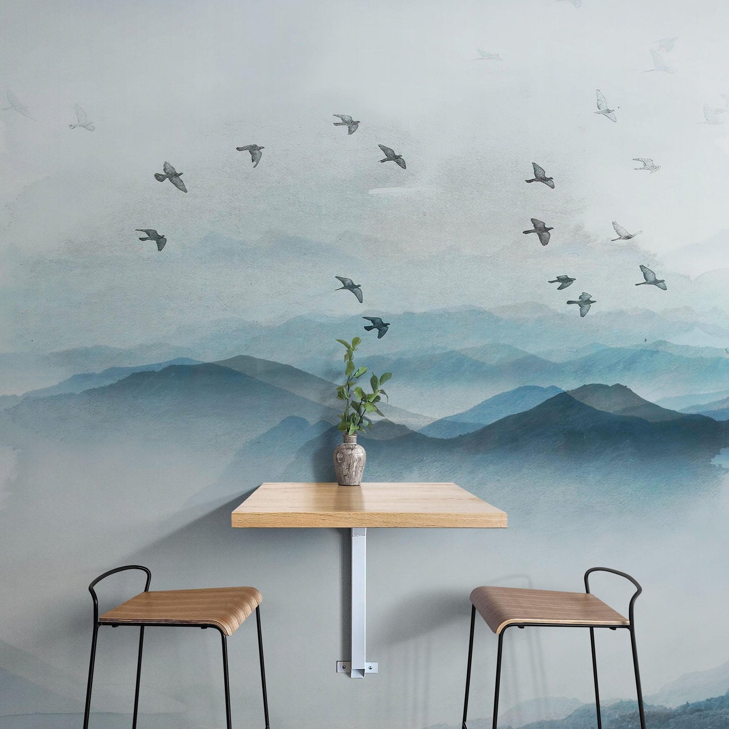 Birds Migrating Over Mountain Wall Mural. Asian Theme Peel and Stick Wallpaper. #6467