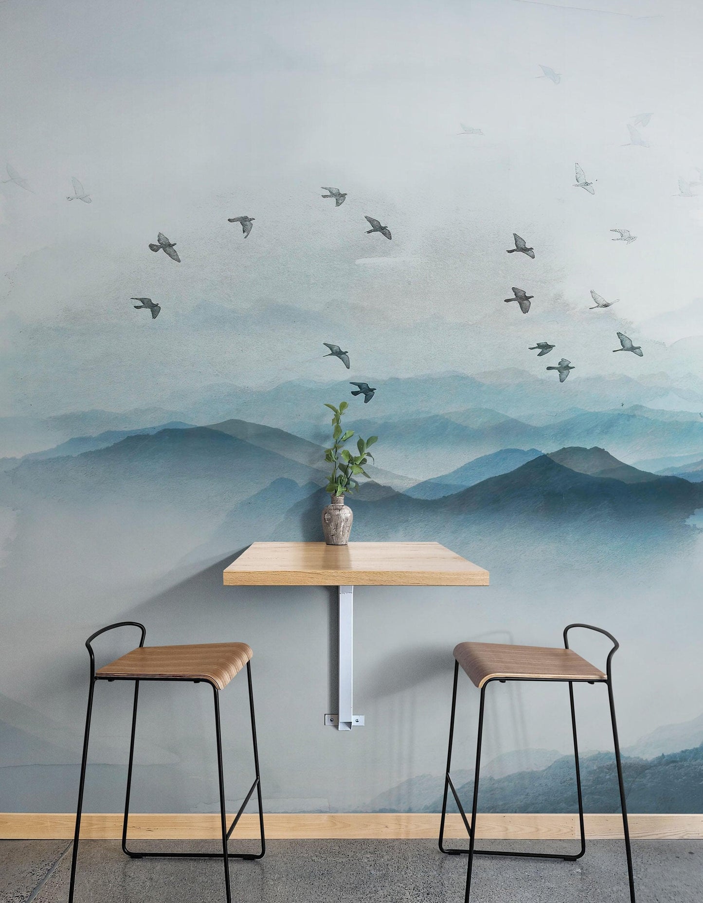 Birds Migrating Over Mountain Wall Mural. Asian Theme Peel and Stick Wallpaper. #6467