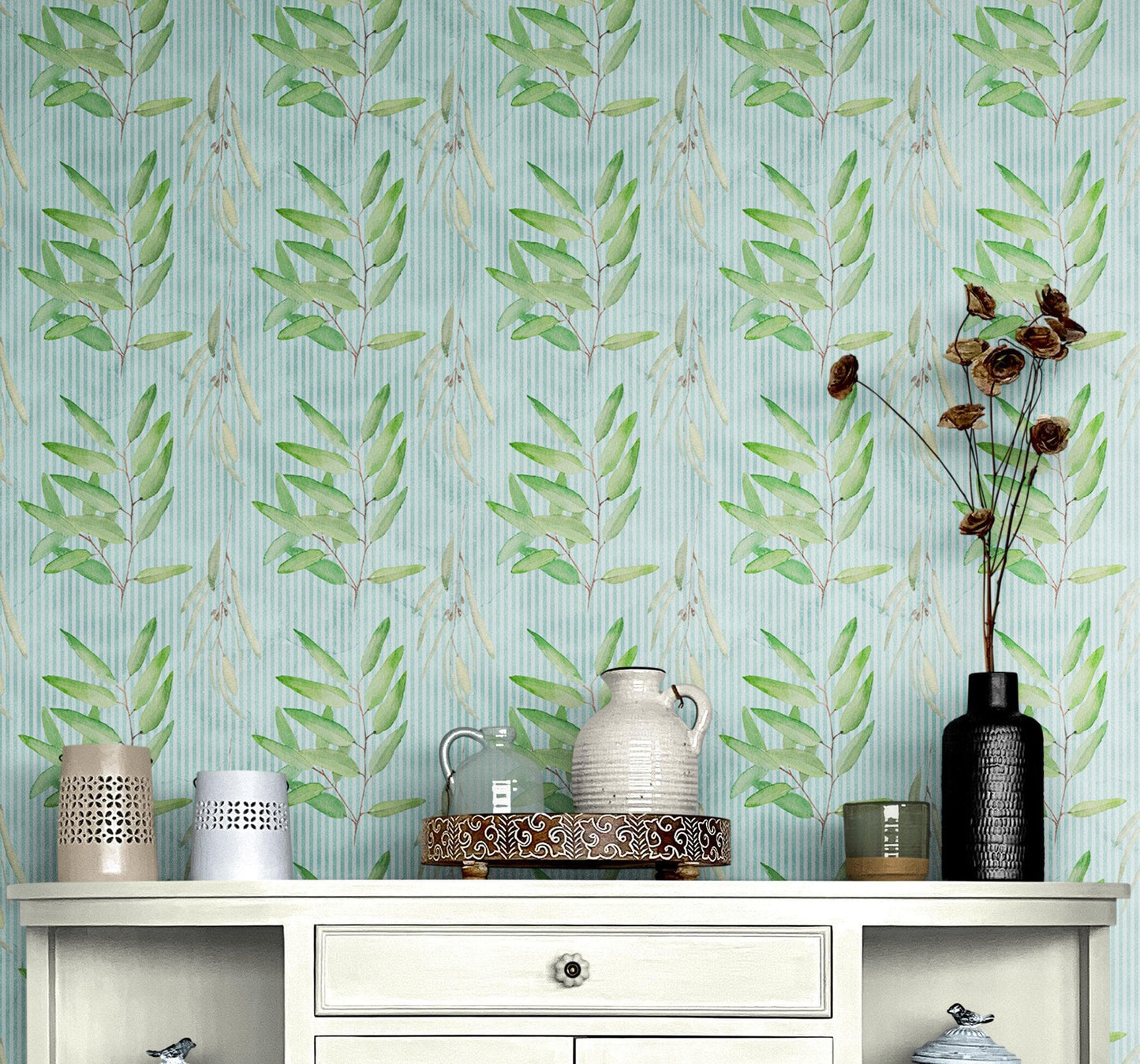 Eucalyptus Wallpaper. Farmhouse Decor Peel and Stick Wall Mural. Blue and Green Colors. #6482