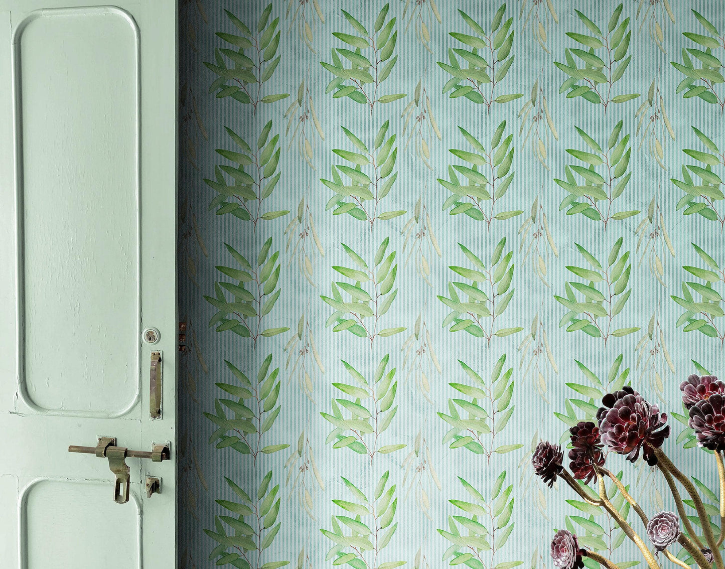 Eucalyptus Wallpaper. Farmhouse Decor Peel and Stick Wall Mural. Blue and Green Colors. #6482