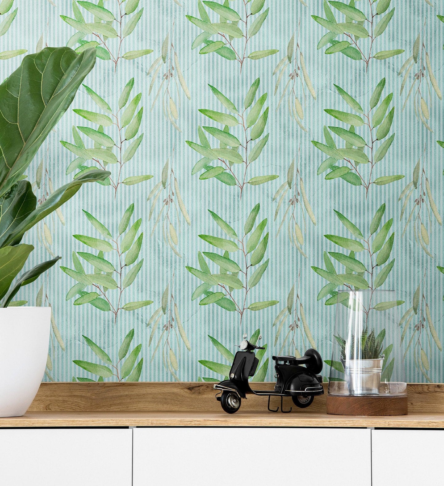 Eucalyptus Wallpaper. Farmhouse Decor Peel and Stick Wall Mural. Blue and Green Colors. #6482