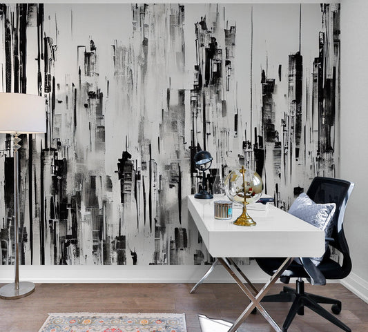 Black and White Urban City Wall Mural. Cyber Punk Cityscape. Minimalist Abstract Building Architect Wallpaper. #6487