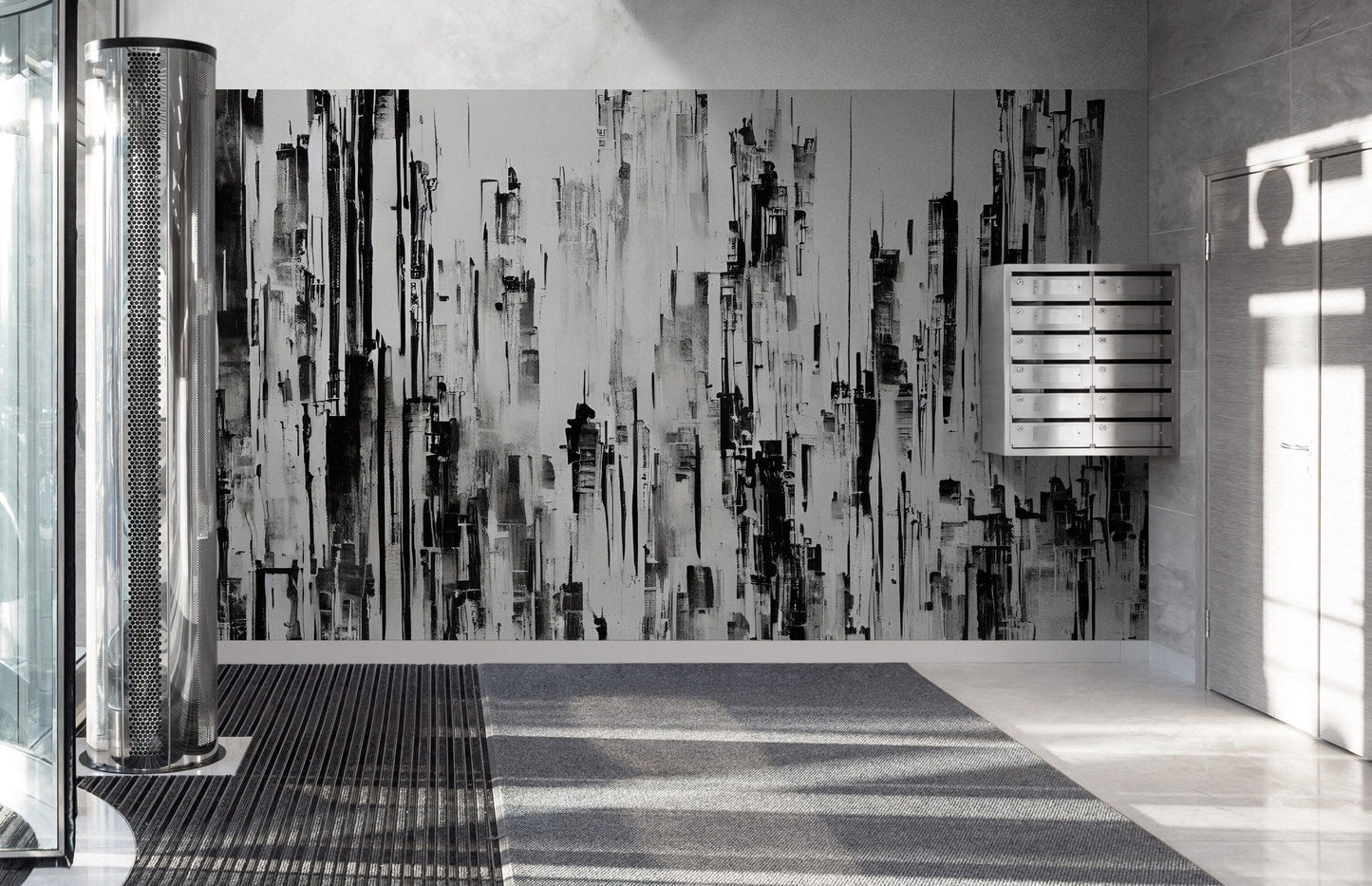 Black and White Urban City Wall Mural. Cyber Punk Cityscape. Minimalist Abstract Building Architect Wallpaper. #6487