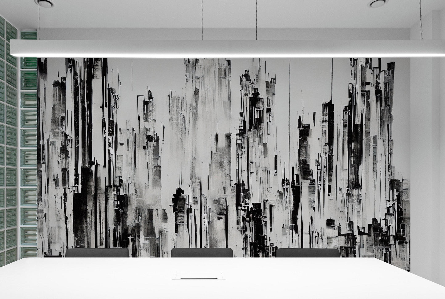 Black and White Urban City Wall Mural. Cyber Punk Cityscape. Minimalist Abstract Building Architect Wallpaper. #6487