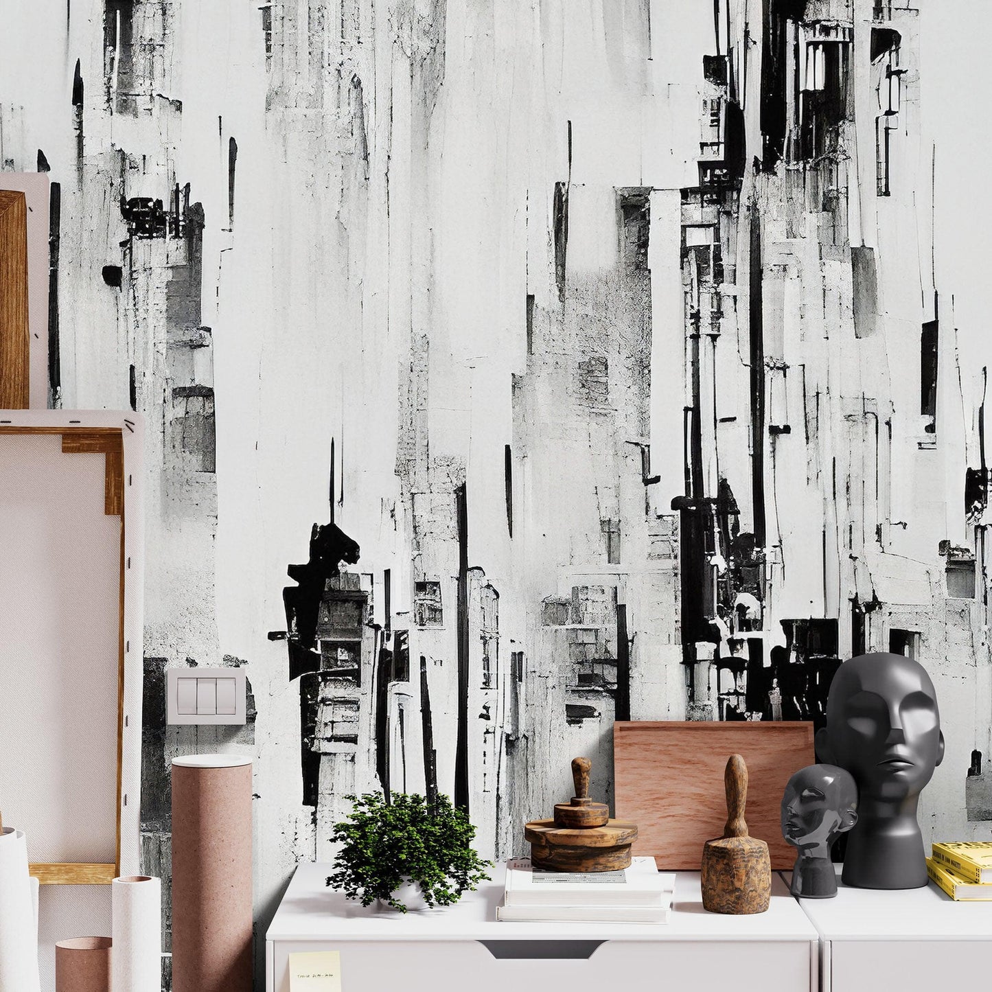 Black and White Urban City Wall Mural. Cyber Punk Cityscape. Minimalist Abstract Building Architect Wallpaper. #6487