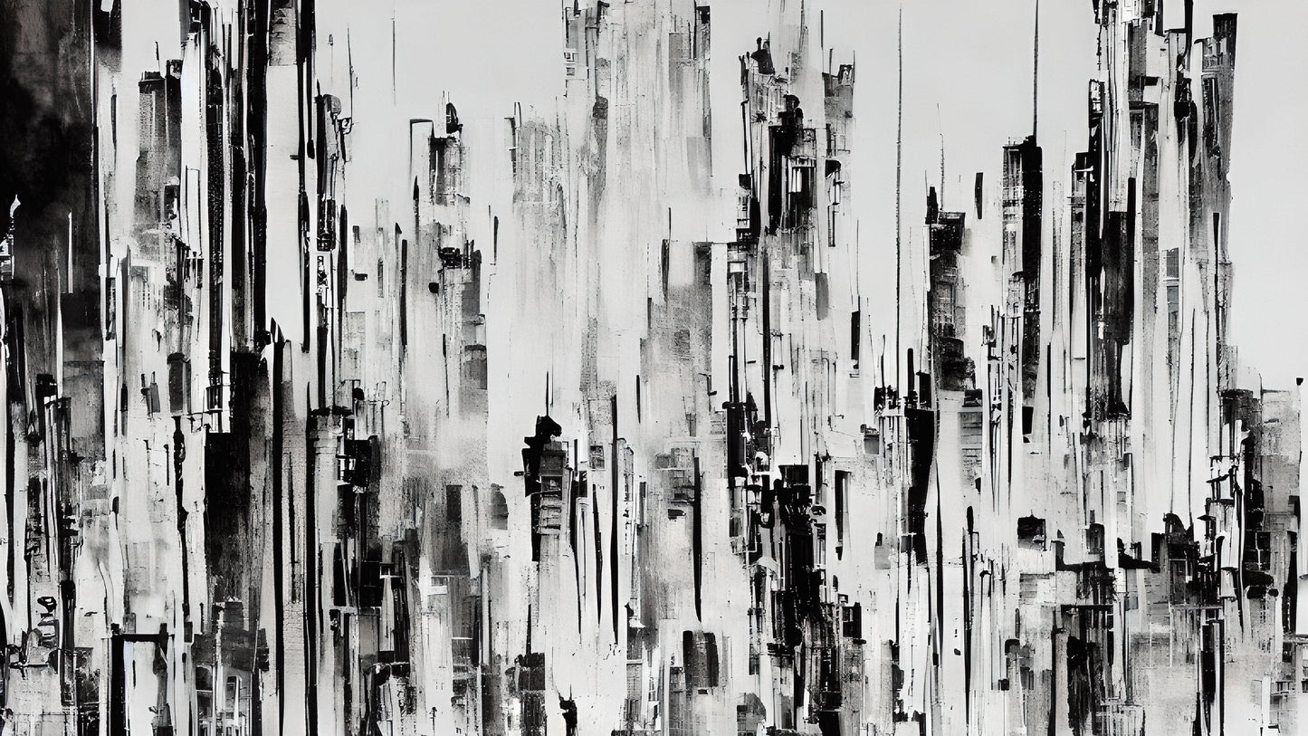 Black and White Urban City Wall Mural. Cyber Punk Cityscape. Minimalist Abstract Building Architect Wallpaper. #6487