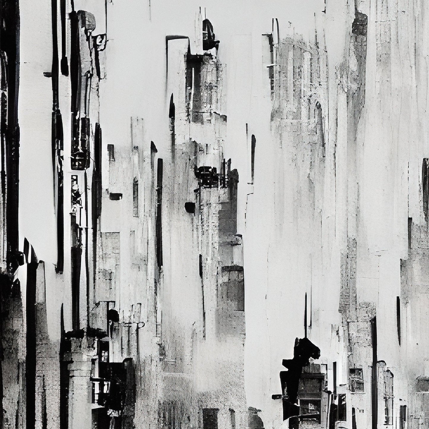 Black and White Urban City Wall Mural. Cyber Punk Cityscape. Minimalist Abstract Building Architect Wallpaper. #6487