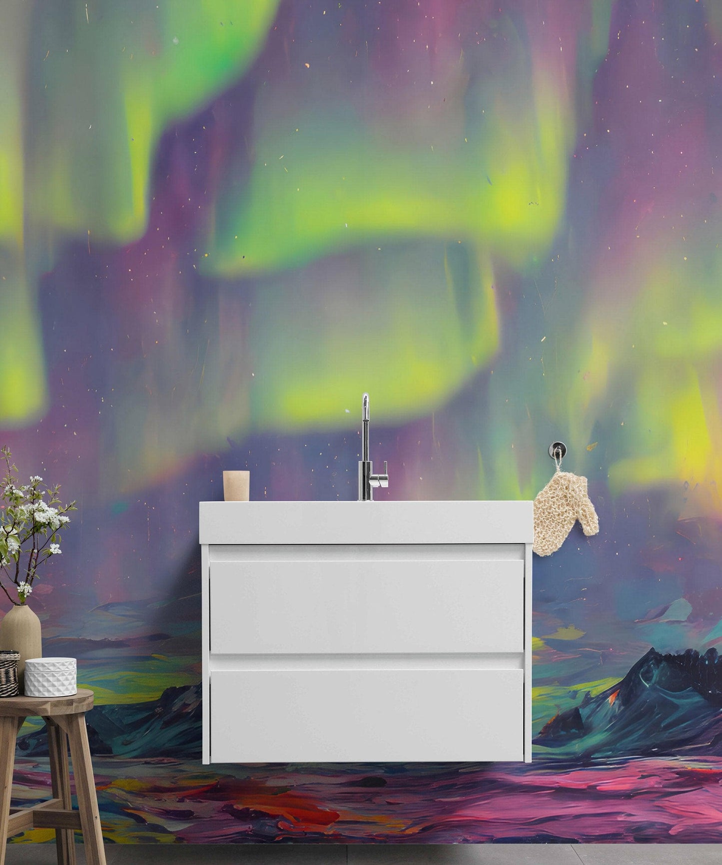 Aurora Borealis Wallpaper, Peel and Stick Wall Mural. Northern Lights Art Painting. Colorful Wallpaper. #6498