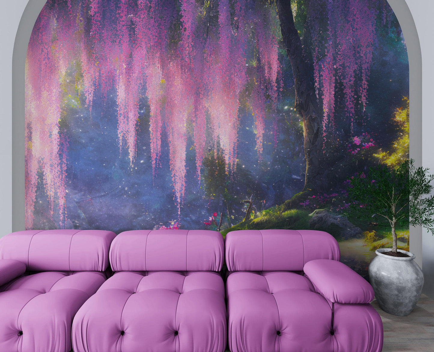 Enchanted Forest with Pink Cherry Blossom Tree Wall Mural. #6504