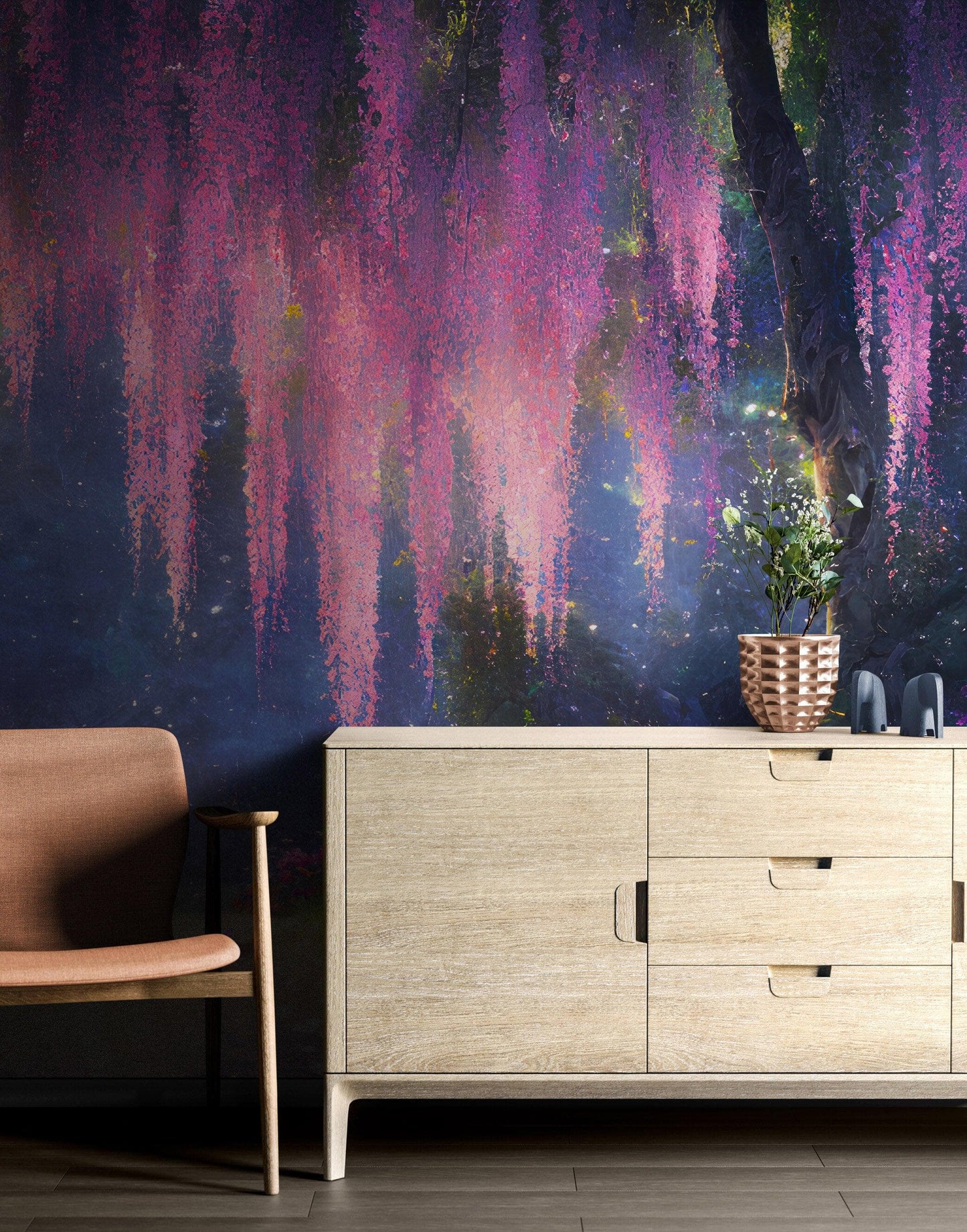 Enchanted Forest with Pink Cherry Blossom Tree Wall Mural. #6504