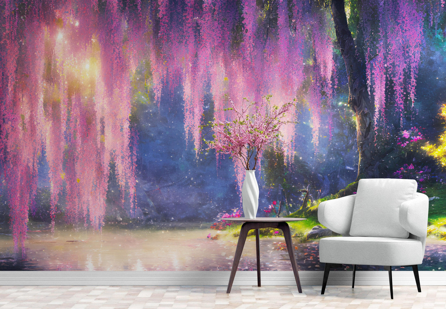 Enchanted Forest with Pink Cherry Blossom Tree Wall Mural. #6504