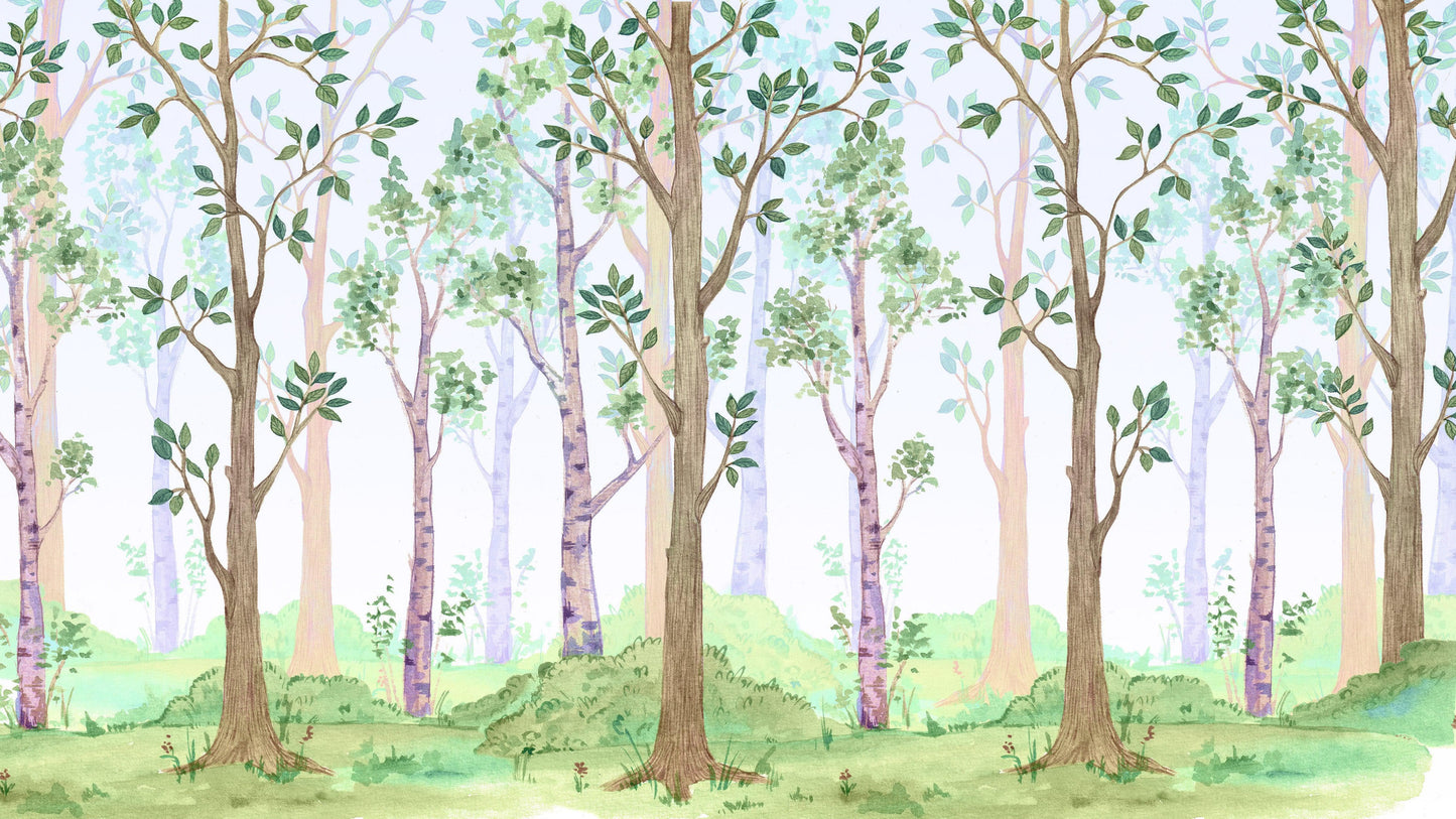 Colorful Nursery Woodland Forest Wallpaper. Watercolor Birch Tree Forest Wall Mural. #6527