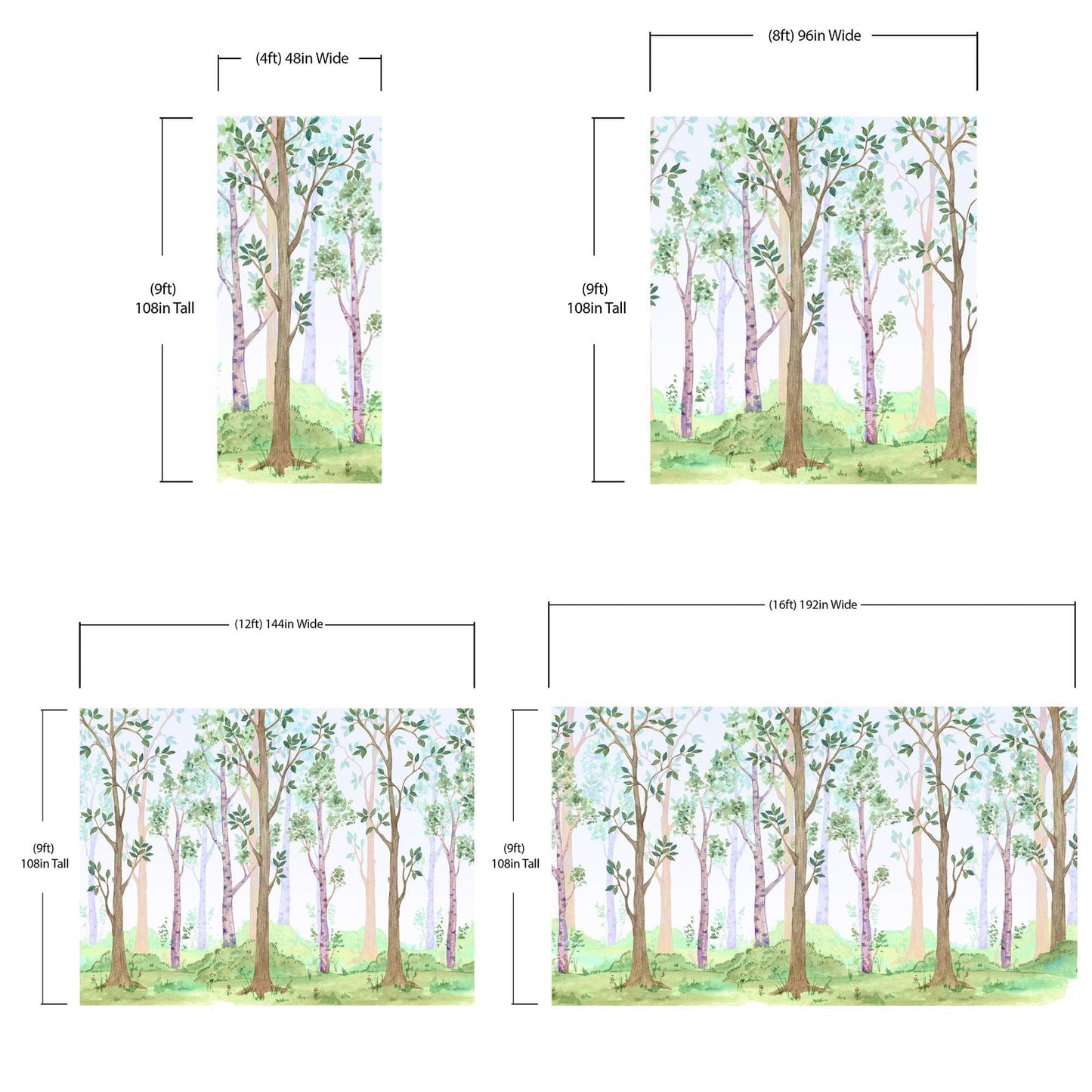 Colorful Nursery Woodland Forest Wallpaper. Watercolor Birch Tree Forest Wall Mural. #6527