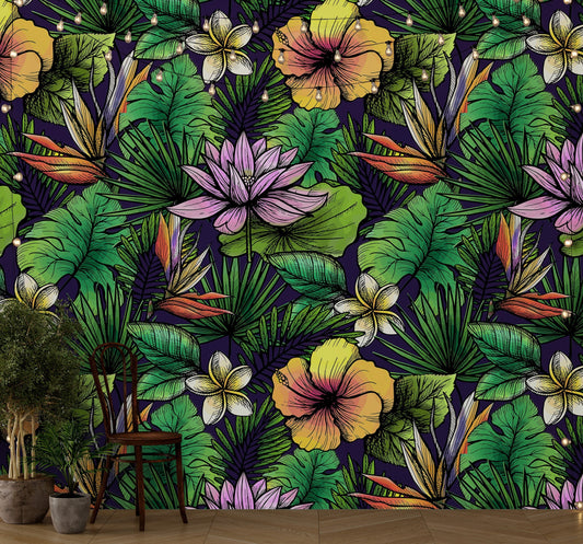 Tropical Flower Wallpaper Peel and Stick Colorful Wildflower Mural. Green Flowers and Palm Tree Leaves Design. #6569