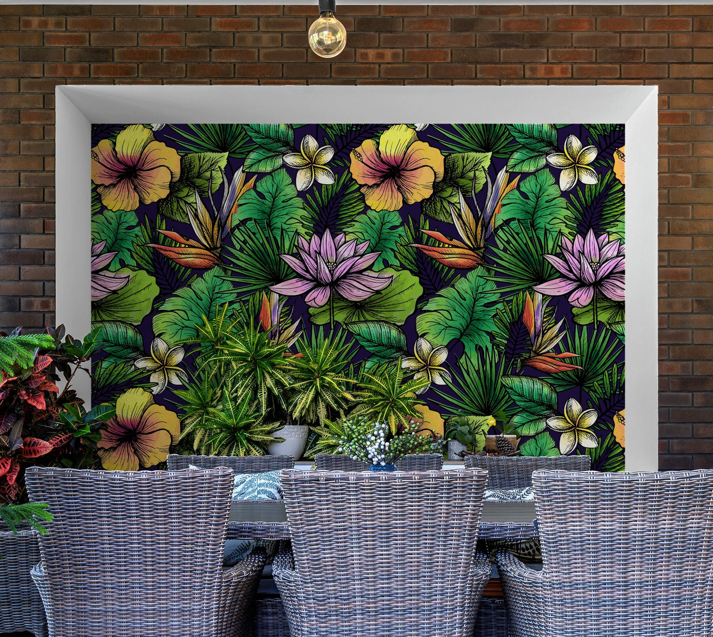 Tropical Flower Wallpaper Peel and Stick Colorful Wildflower Mural. Green Flowers and Palm Tree Leaves Design. #6569