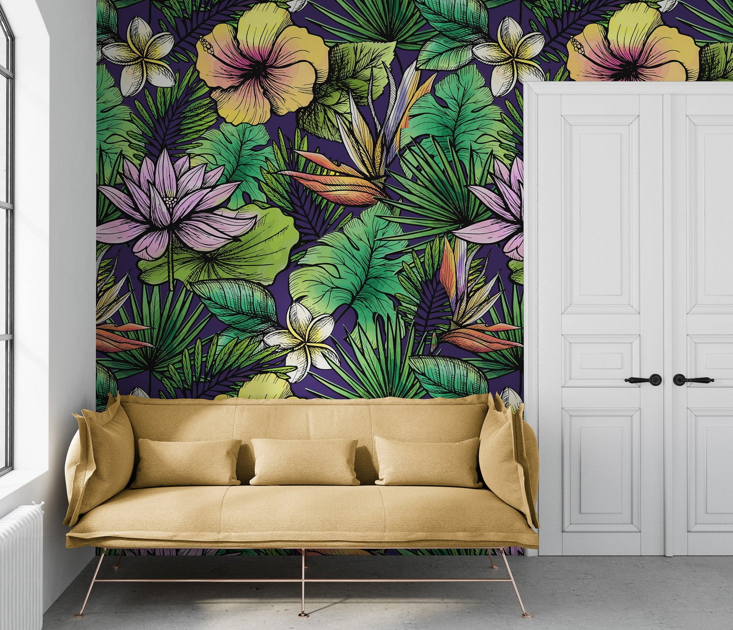 Tropical Flower Wallpaper Peel and Stick Colorful Wildflower Mural. Green Flowers and Palm Tree Leaves Design. #6569