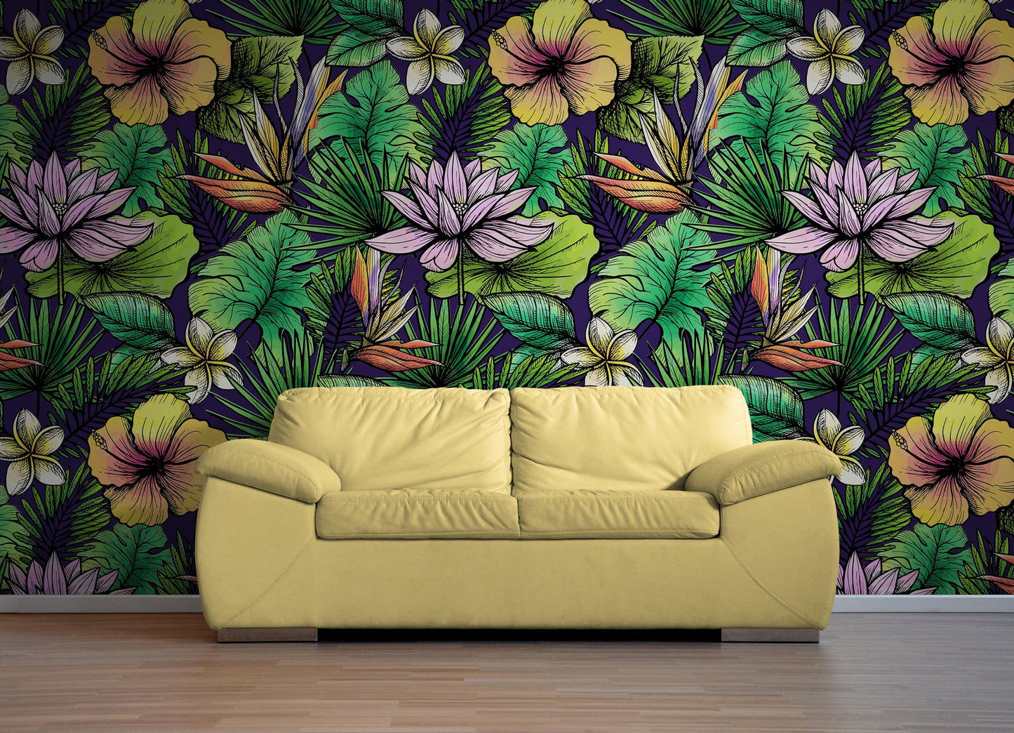 Tropical Flower Wallpaper Peel and Stick Colorful Wildflower Mural. Green Flowers and Palm Tree Leaves Design. #6569