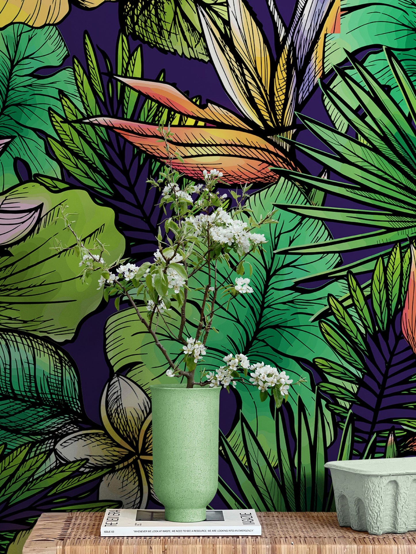 Tropical Flower Wallpaper Peel and Stick Colorful Wildflower Mural. Green Flowers and Palm Tree Leaves Design. #6569