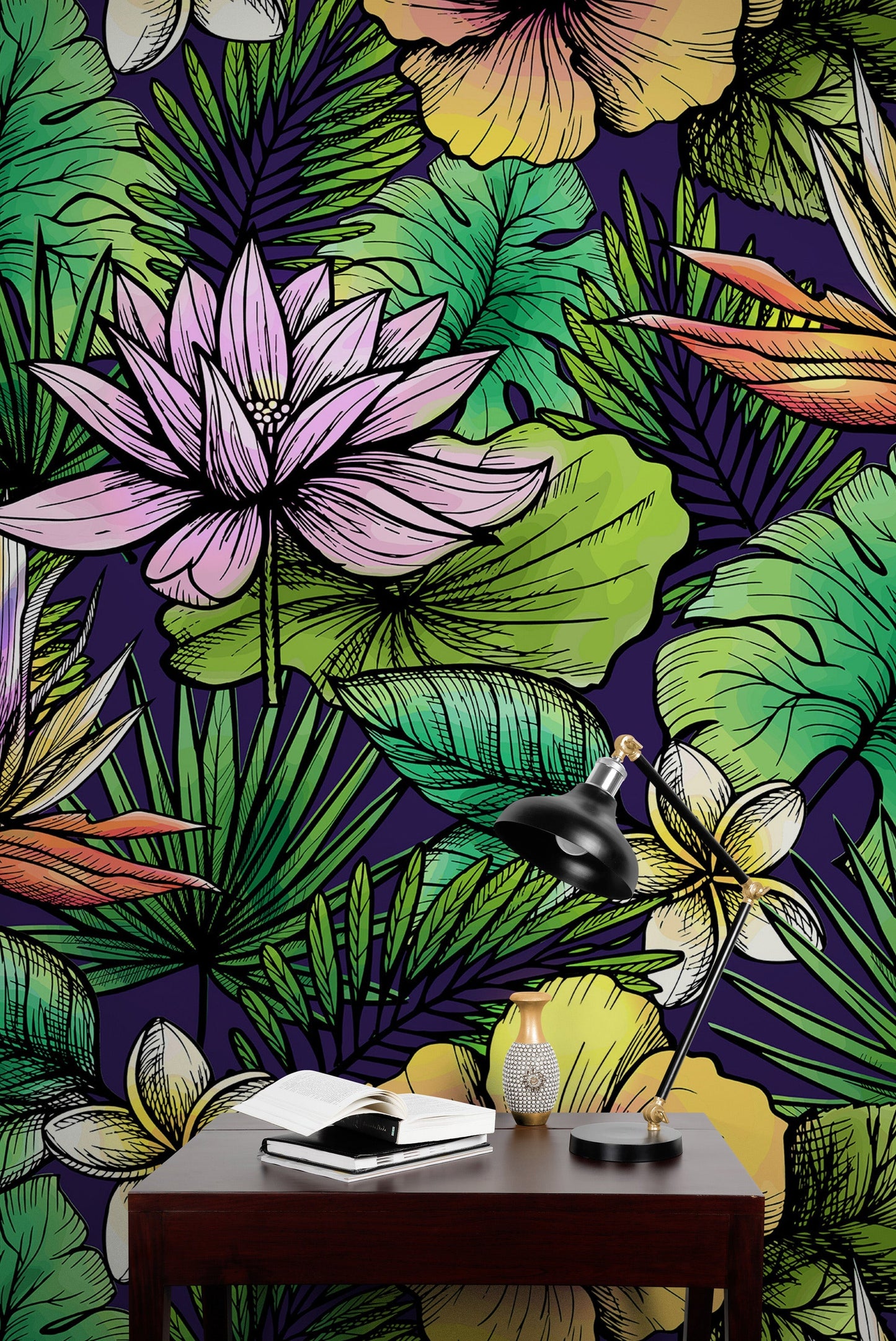 Tropical Flower Wallpaper Peel and Stick Colorful Wildflower Mural. Green Flowers and Palm Tree Leaves Design. #6569