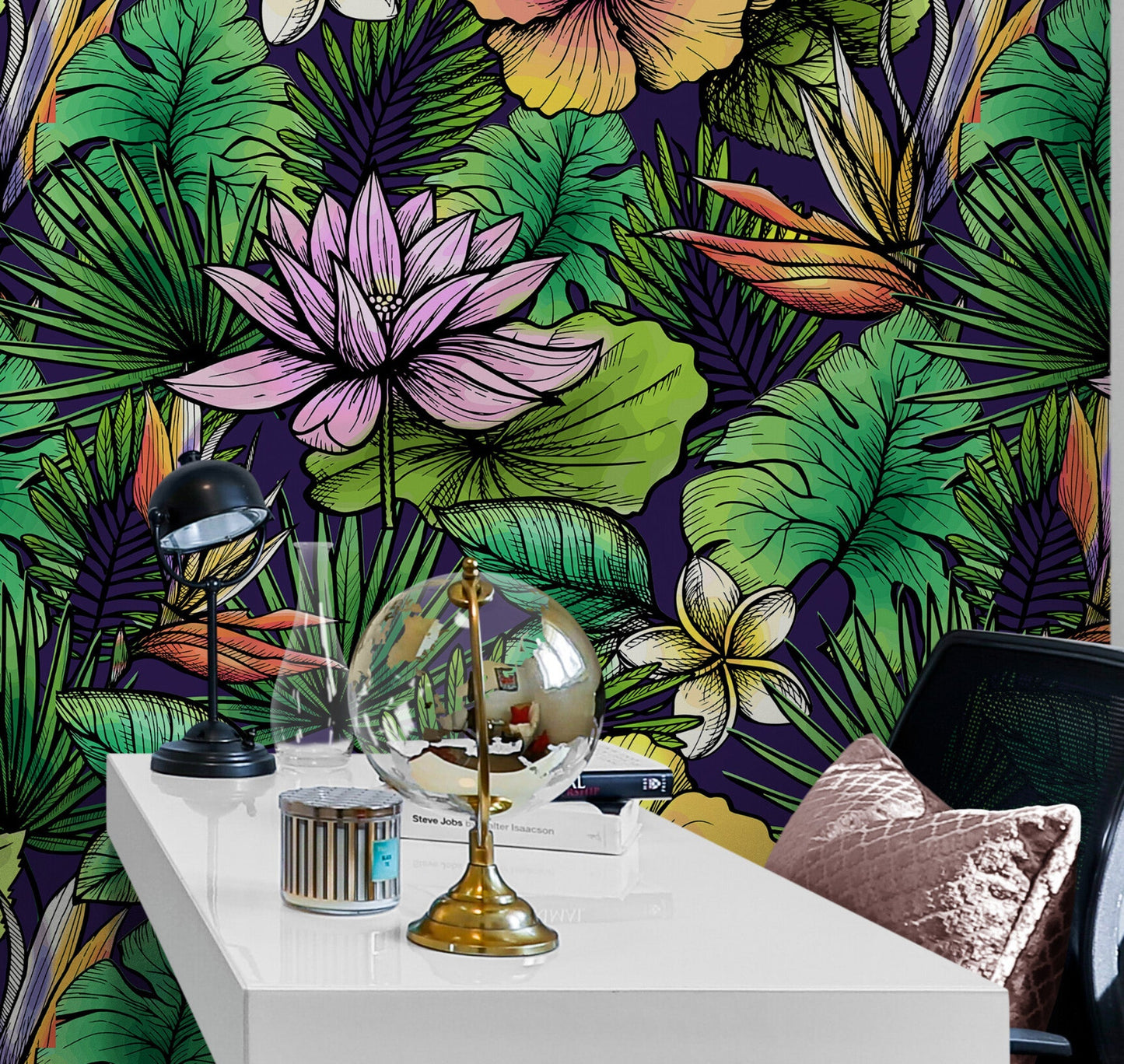 Tropical Flower Wallpaper Peel and Stick Colorful Wildflower Mural. Green Flowers and Palm Tree Leaves Design. #6569