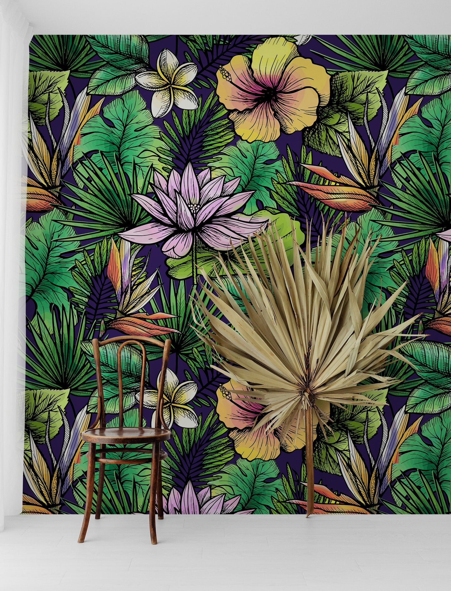 Tropical Flower Wallpaper Peel and Stick Colorful Wildflower Mural. Green Flowers and Palm Tree Leaves Design. #6569