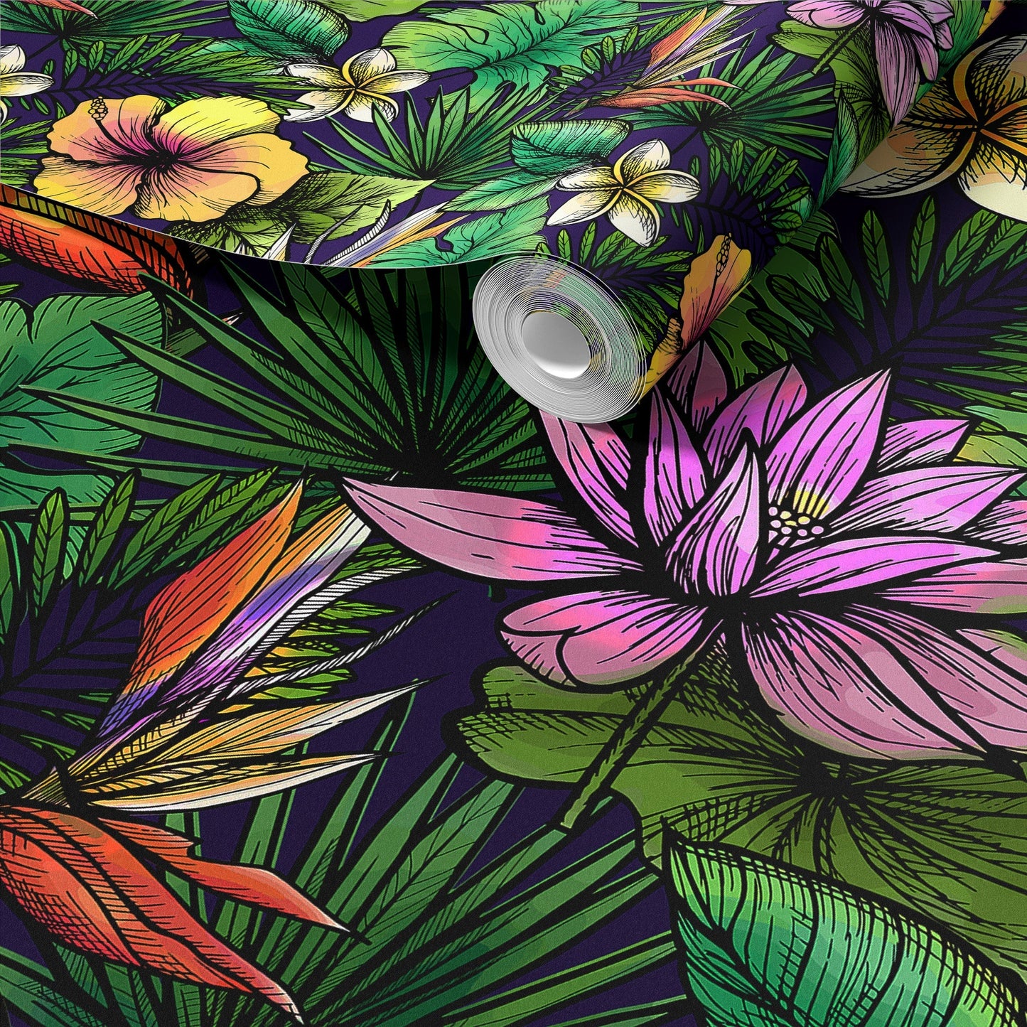 Tropical Flower Wallpaper Peel and Stick Colorful Wildflower Mural. Green Flowers and Palm Tree Leaves Design. #6569