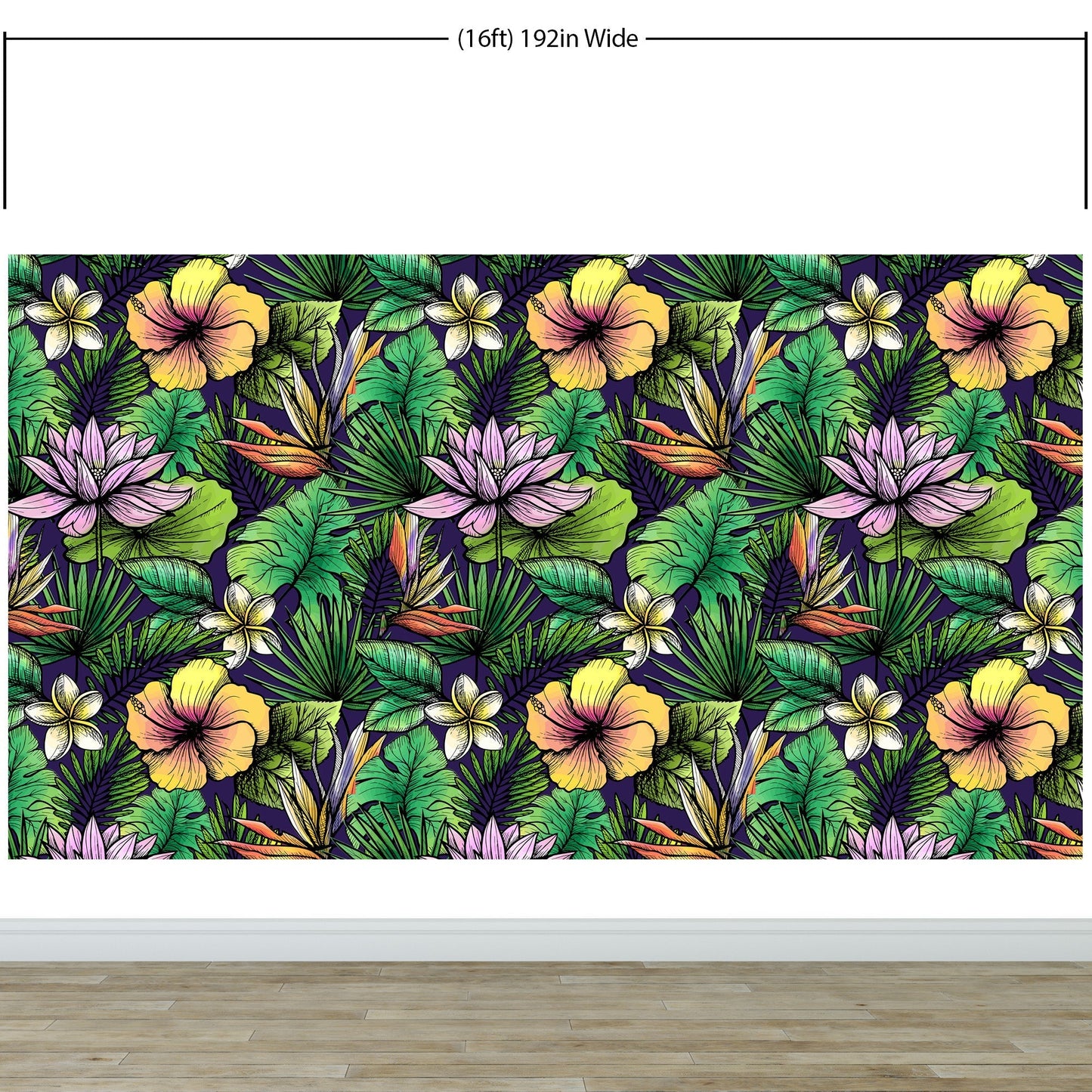 Tropical Flower Wallpaper Peel and Stick Colorful Wildflower Mural. Green Flowers and Palm Tree Leaves Design. #6569