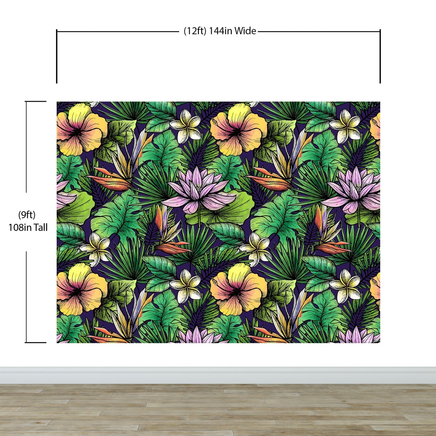 Tropical Flower Wallpaper Peel and Stick Colorful Wildflower Mural. Green Flowers and Palm Tree Leaves Design. #6569