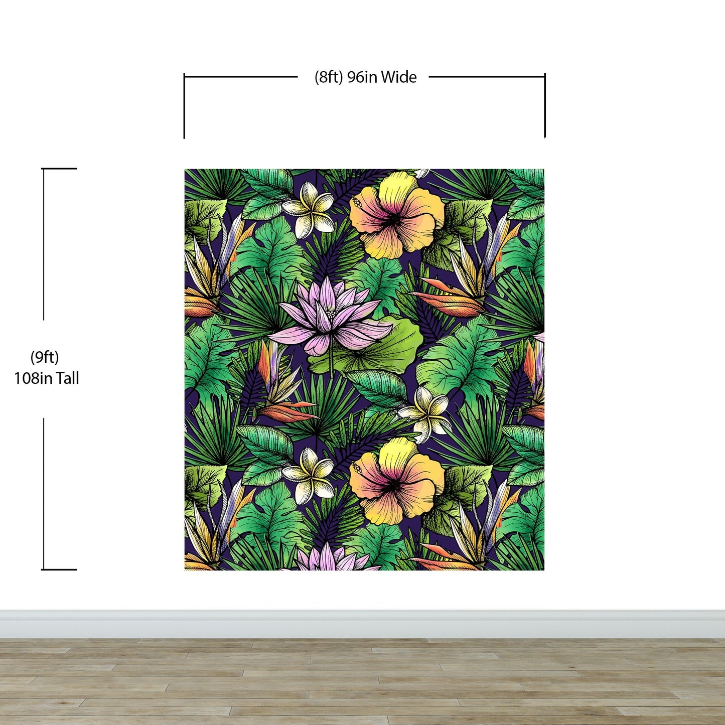 Tropical Flower Wallpaper Peel and Stick Colorful Wildflower Mural. Green Flowers and Palm Tree Leaves Design. #6569