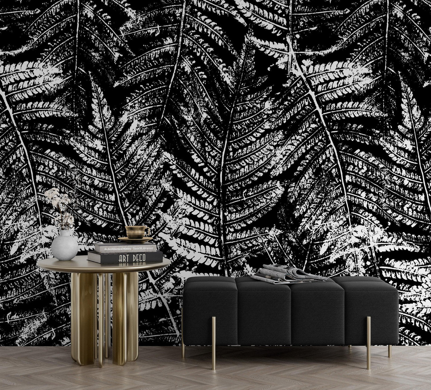 Black and White Fern Botanical Wallpaper. Peel and Stick Mural. #6579