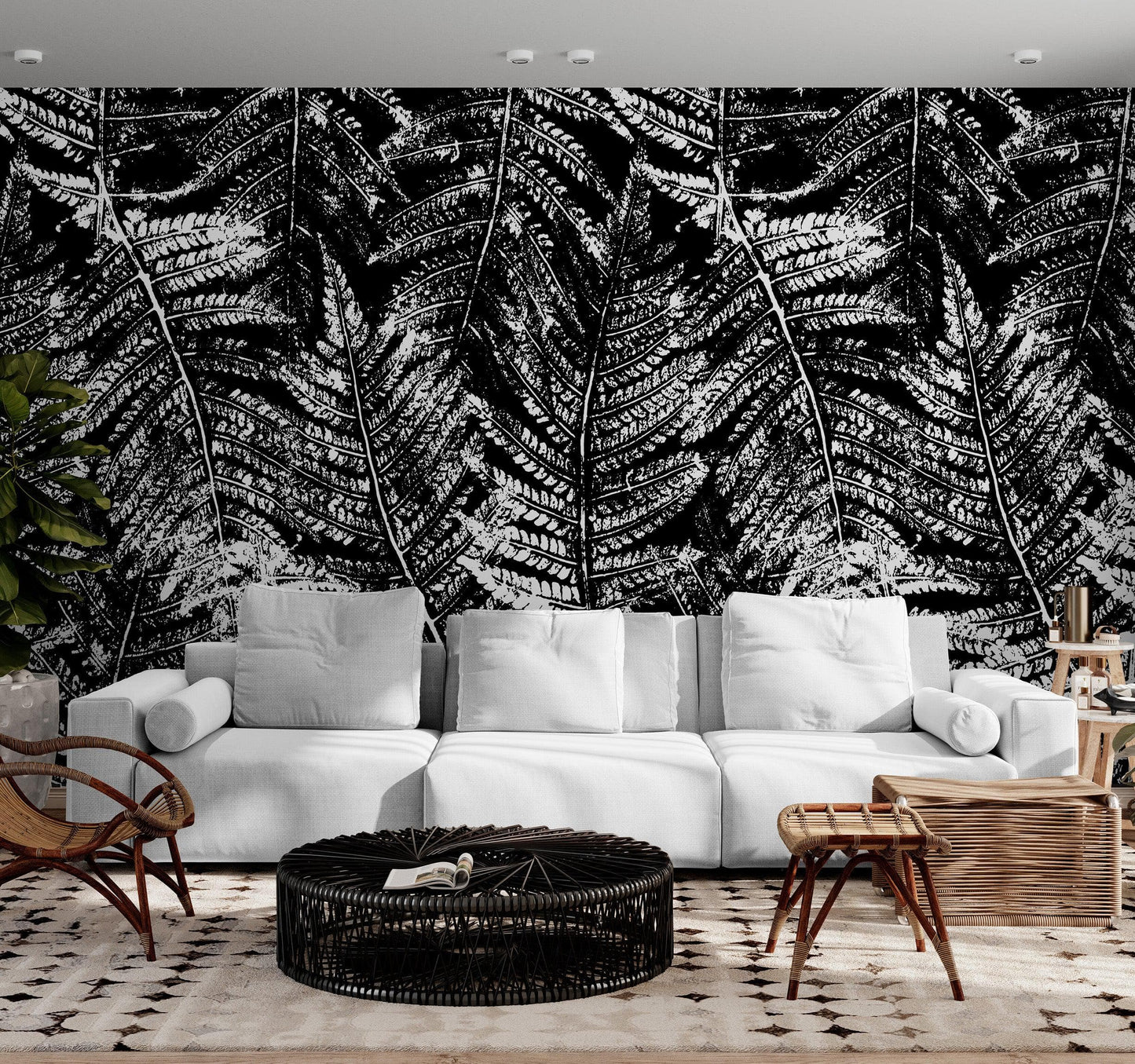 Black and White Fern Botanical Wallpaper. Peel and Stick Mural. #6579