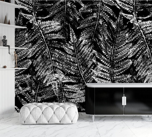 Black and White Fern Botanical Wallpaper. Peel and Stick Mural. #6579