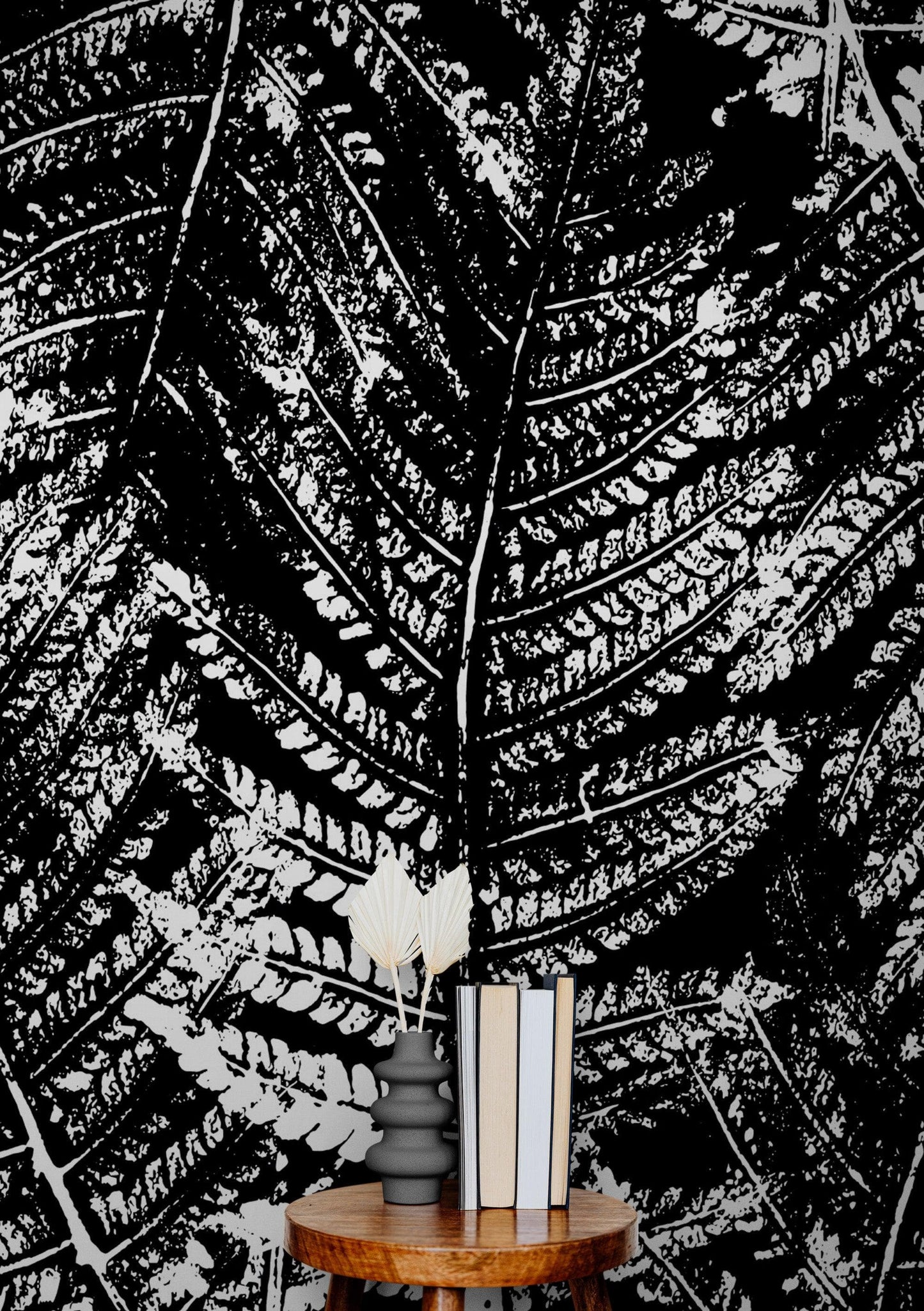 Black and White Fern Botanical Wallpaper. Peel and Stick Mural. #6579