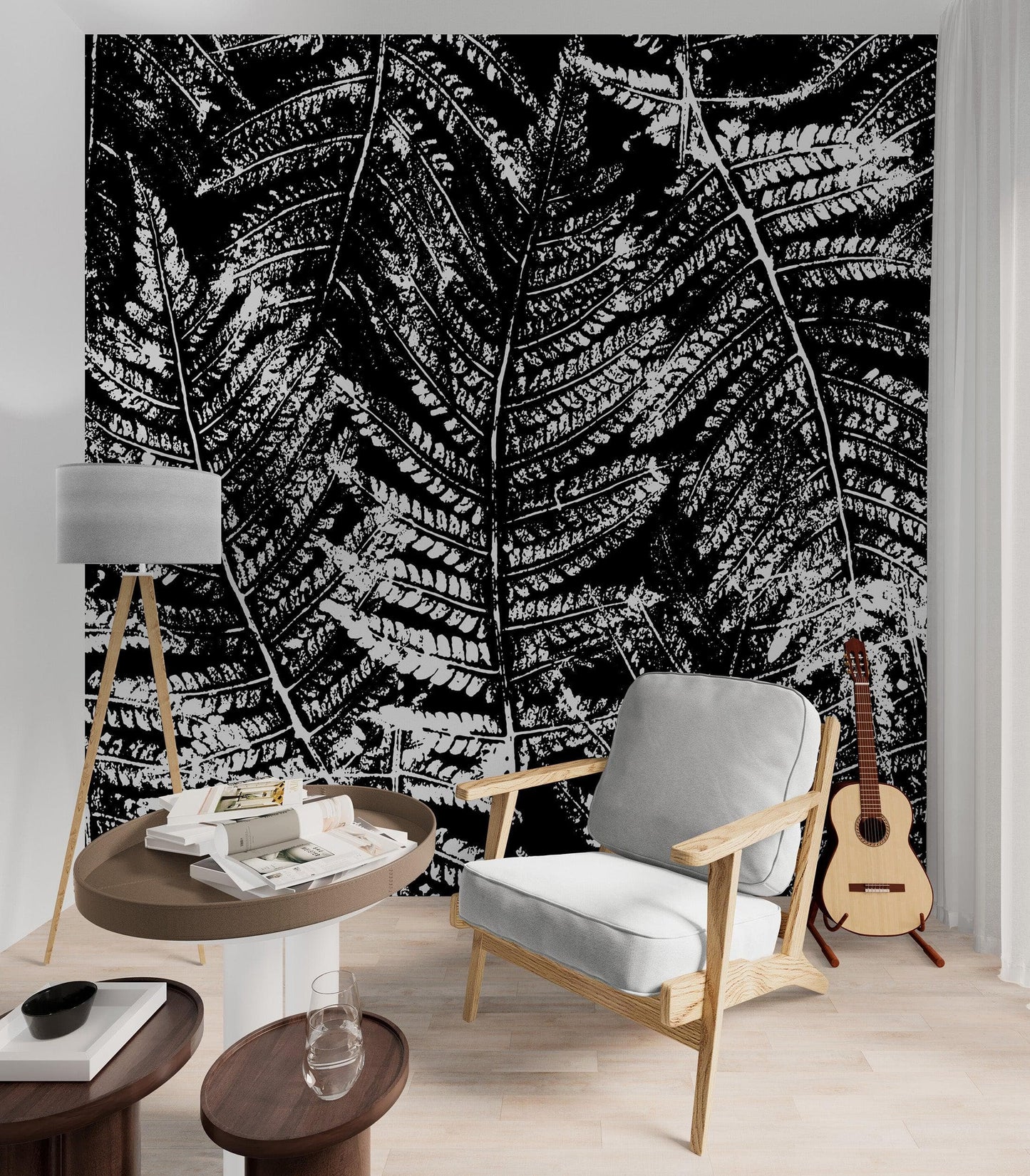 Black and White Fern Botanical Wallpaper. Peel and Stick Mural. #6579