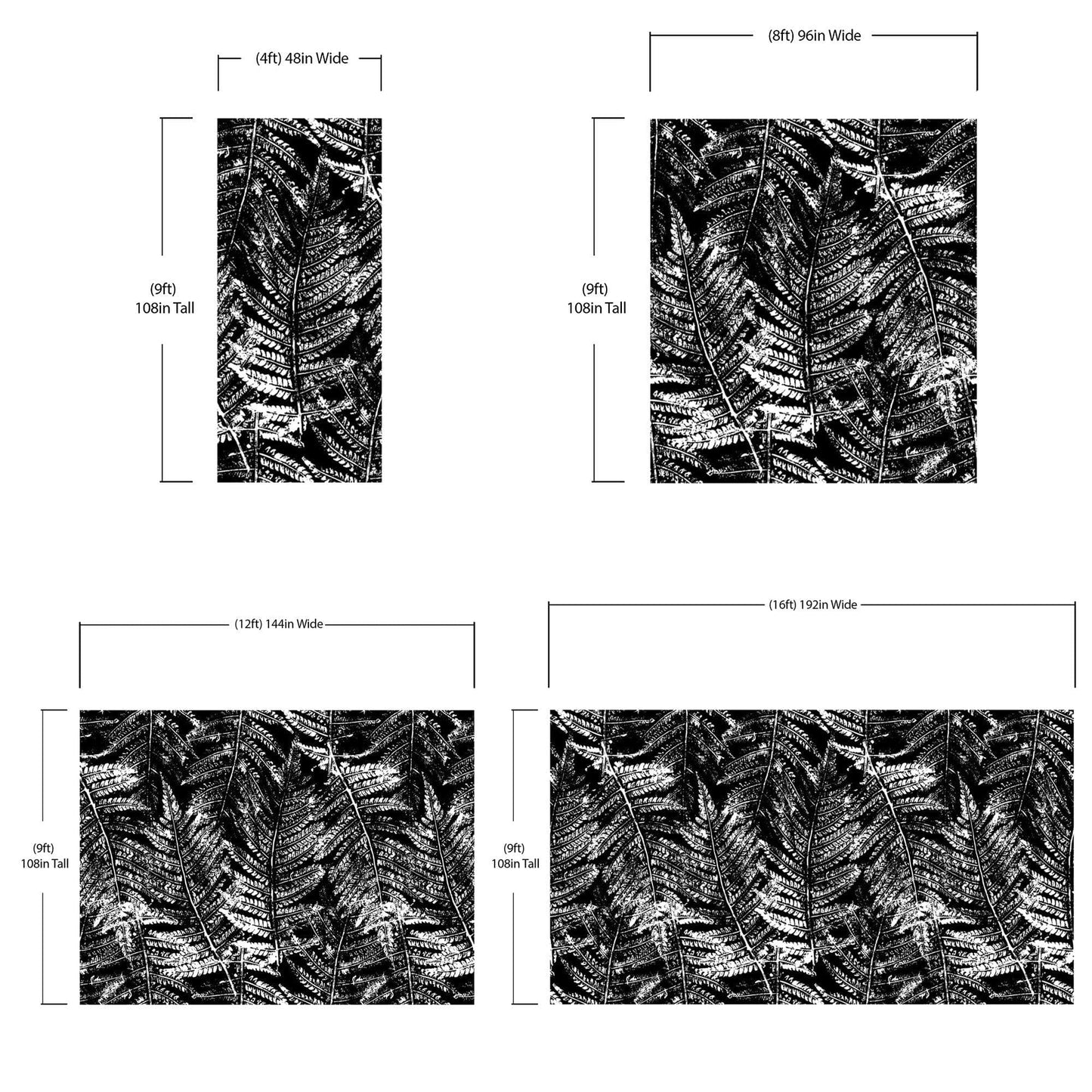 Black and White Fern Botanical Wallpaper. Peel and Stick Mural. #6579