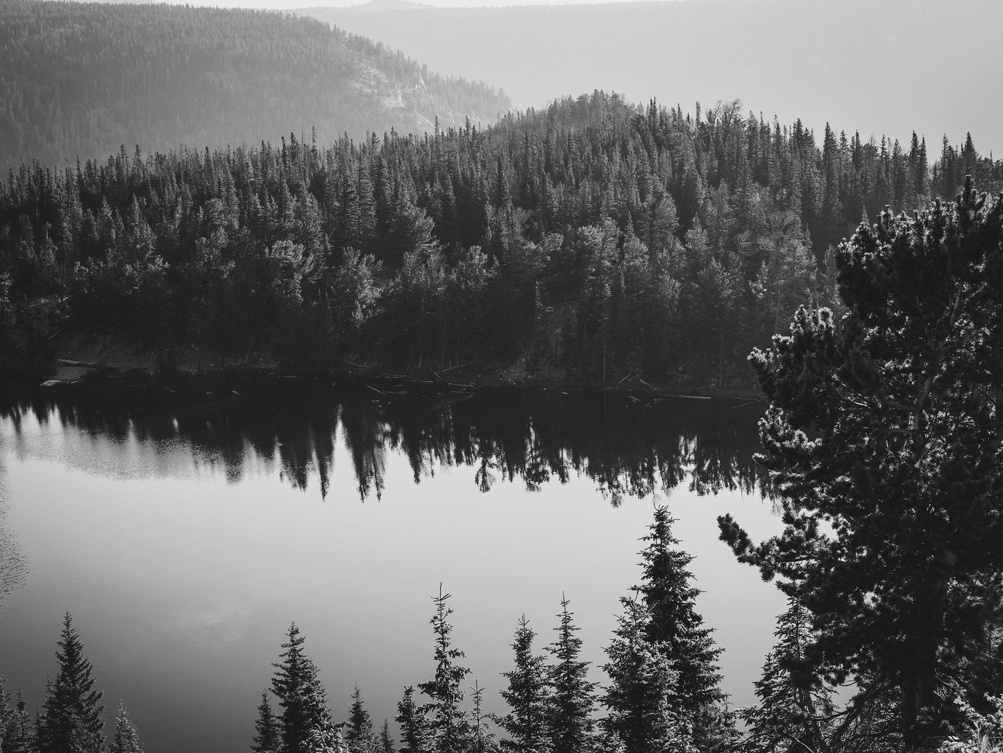 Black and White Mountain Over Looking Lake and Forest Wallpaper. #6671