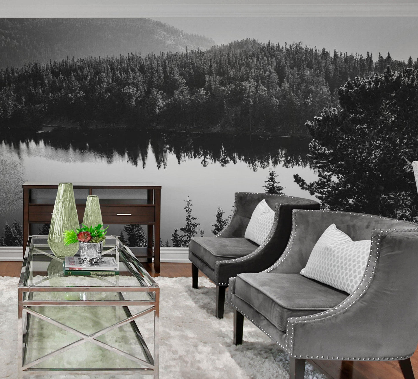 Black and White Mountain Over Looking Lake and Forest Wallpaper. #6671