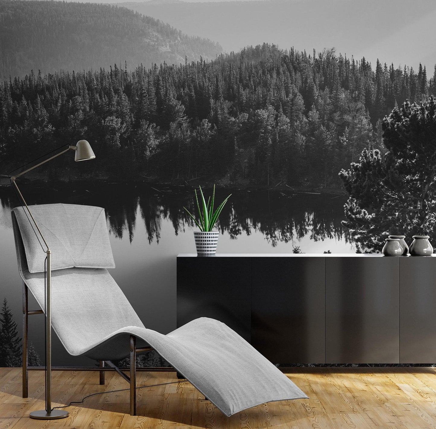 Black and White Mountain Over Looking Lake and Forest Wallpaper. #6671