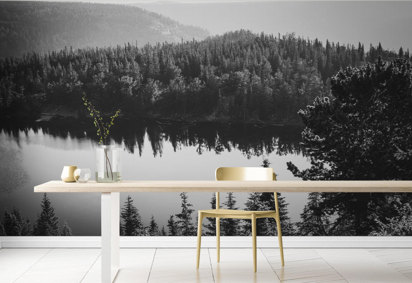 Black and White Mountain Over Looking Lake and Forest Wallpaper. #6671