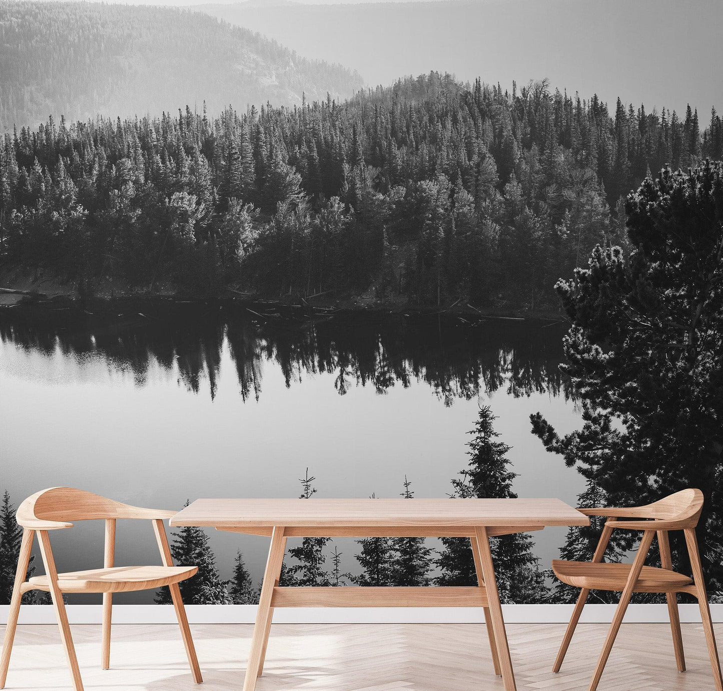 Black and White Mountain Over Looking Lake and Forest Wallpaper. #6671