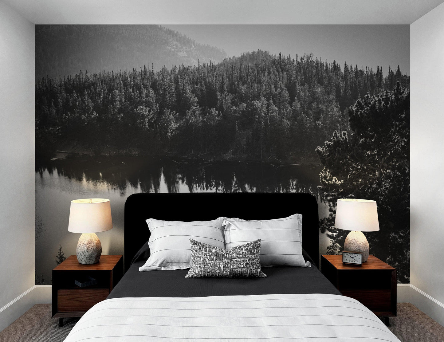 Black and White Mountain Over Looking Lake and Forest Wallpaper. #6671