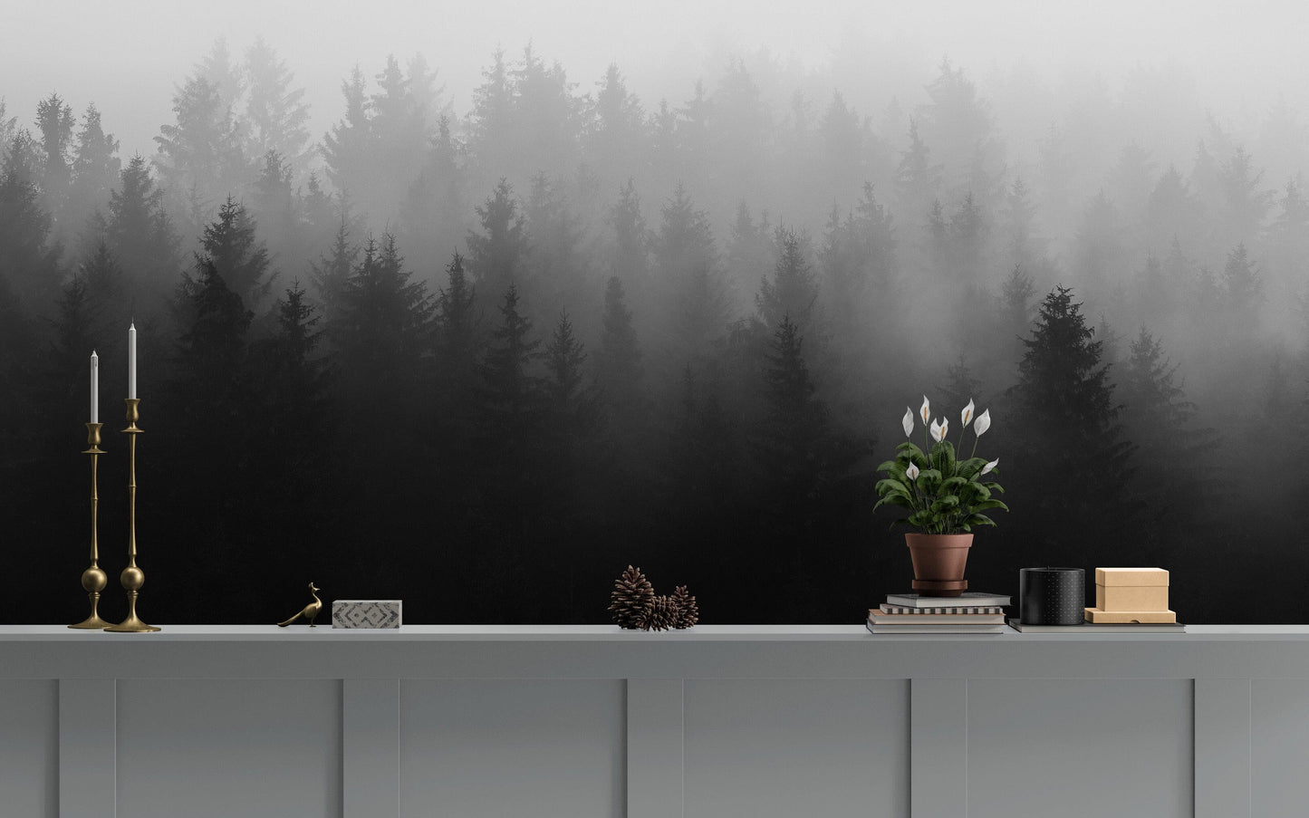 Black and White Misty Pine Forest Wallpaper. #6673