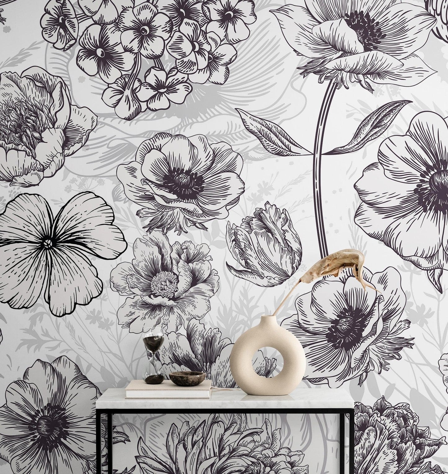 Black and White Flower Wallpaper Mural. #6676