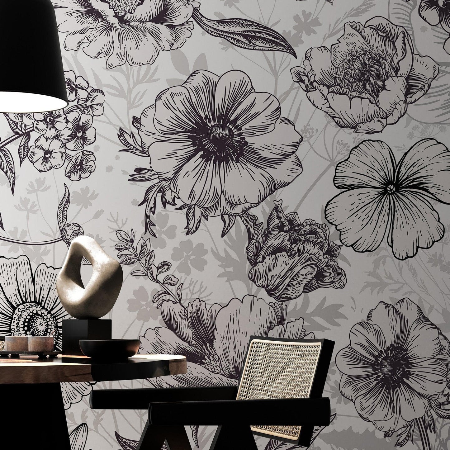 Black and White Flower Wallpaper Mural. #6676