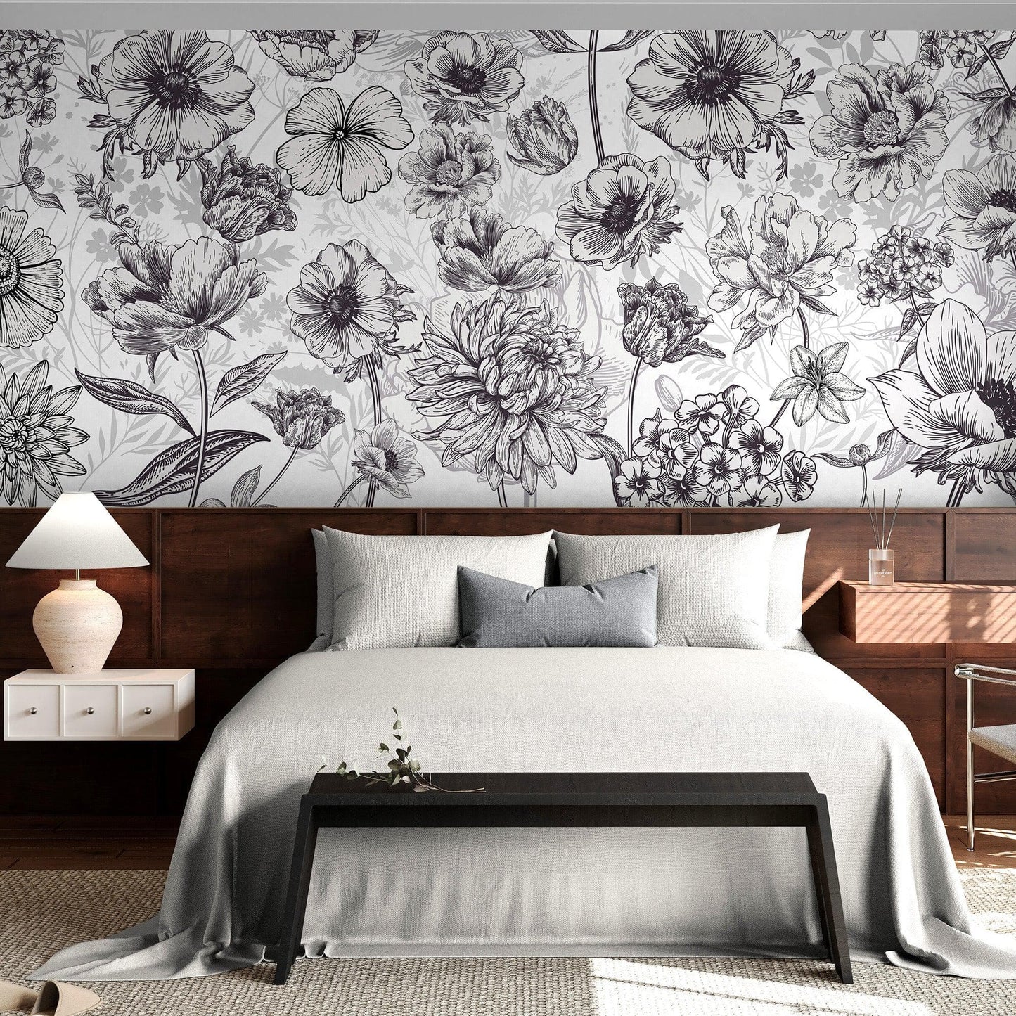 Black and White Flower Wallpaper Mural. #6676